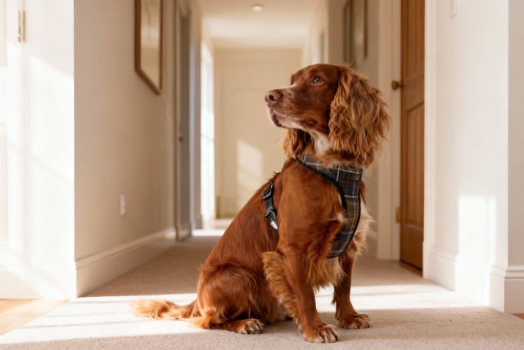Spaniel dog wearing a harness near a front doorway,