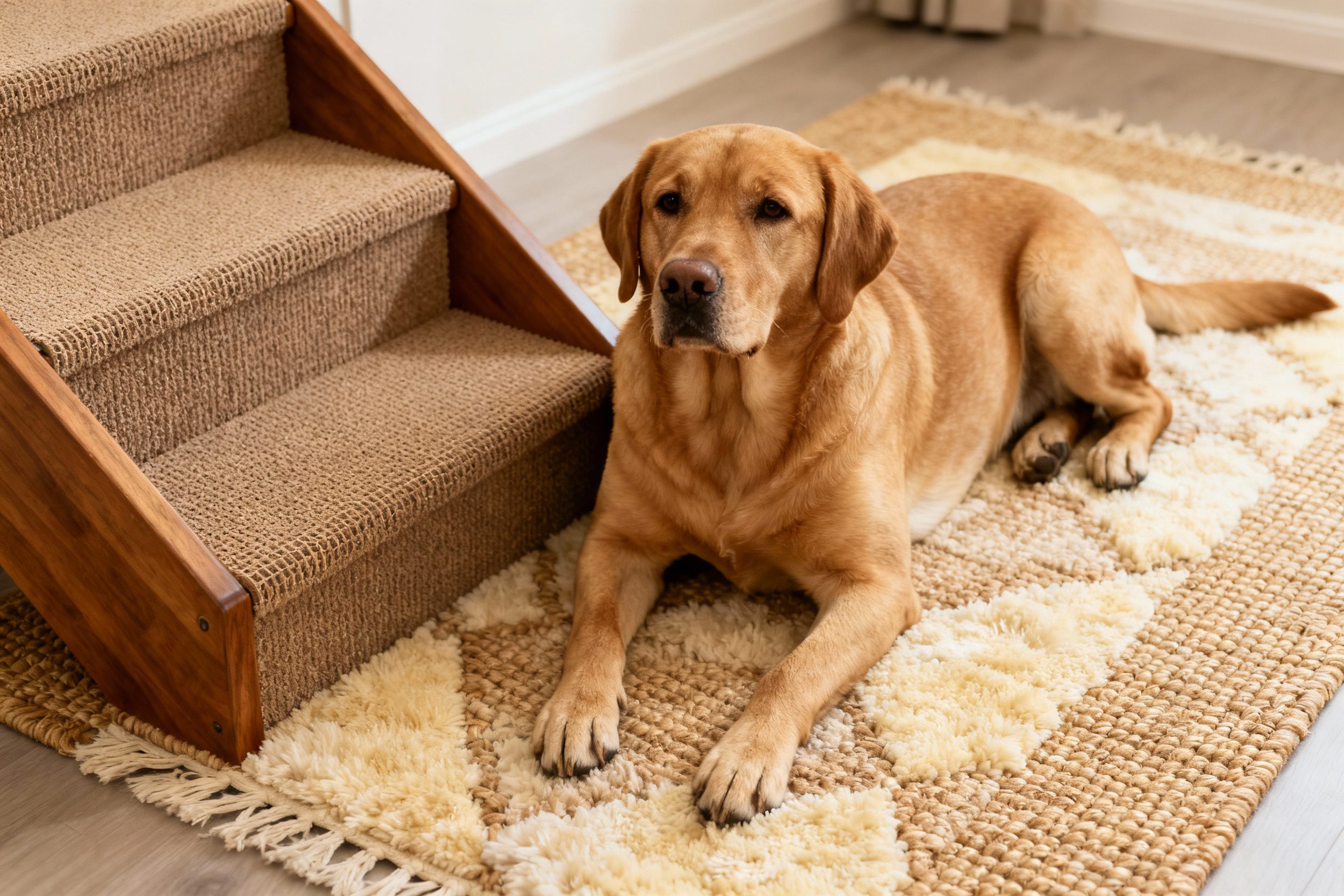 Best Dog Stairs for Older Dogs 1 Labrador Retriever dog on a rug beside sturdy pet stairs