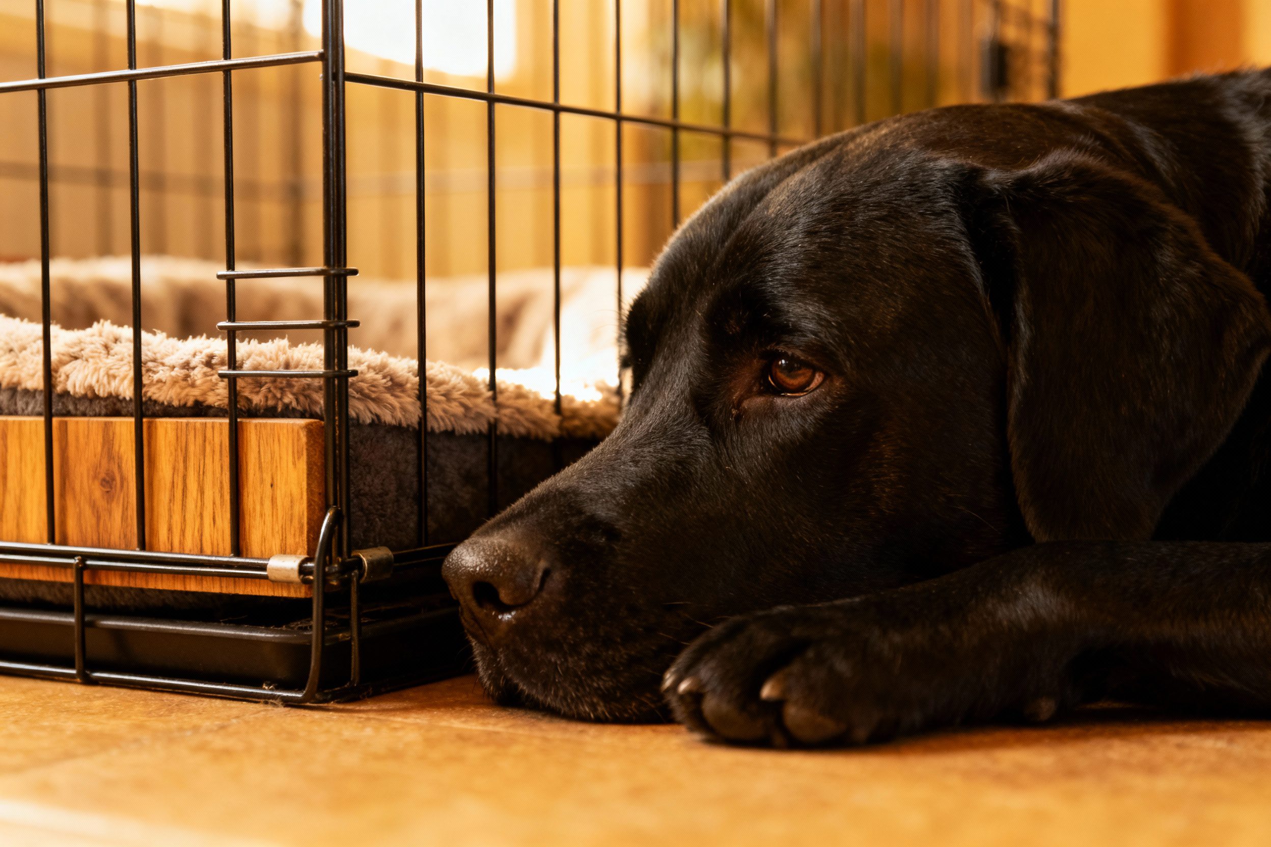 Best Dog Crate Setups for Older Dogs 1 Labrador Retriever dog, large black short coat, resting beside a cozy crate.