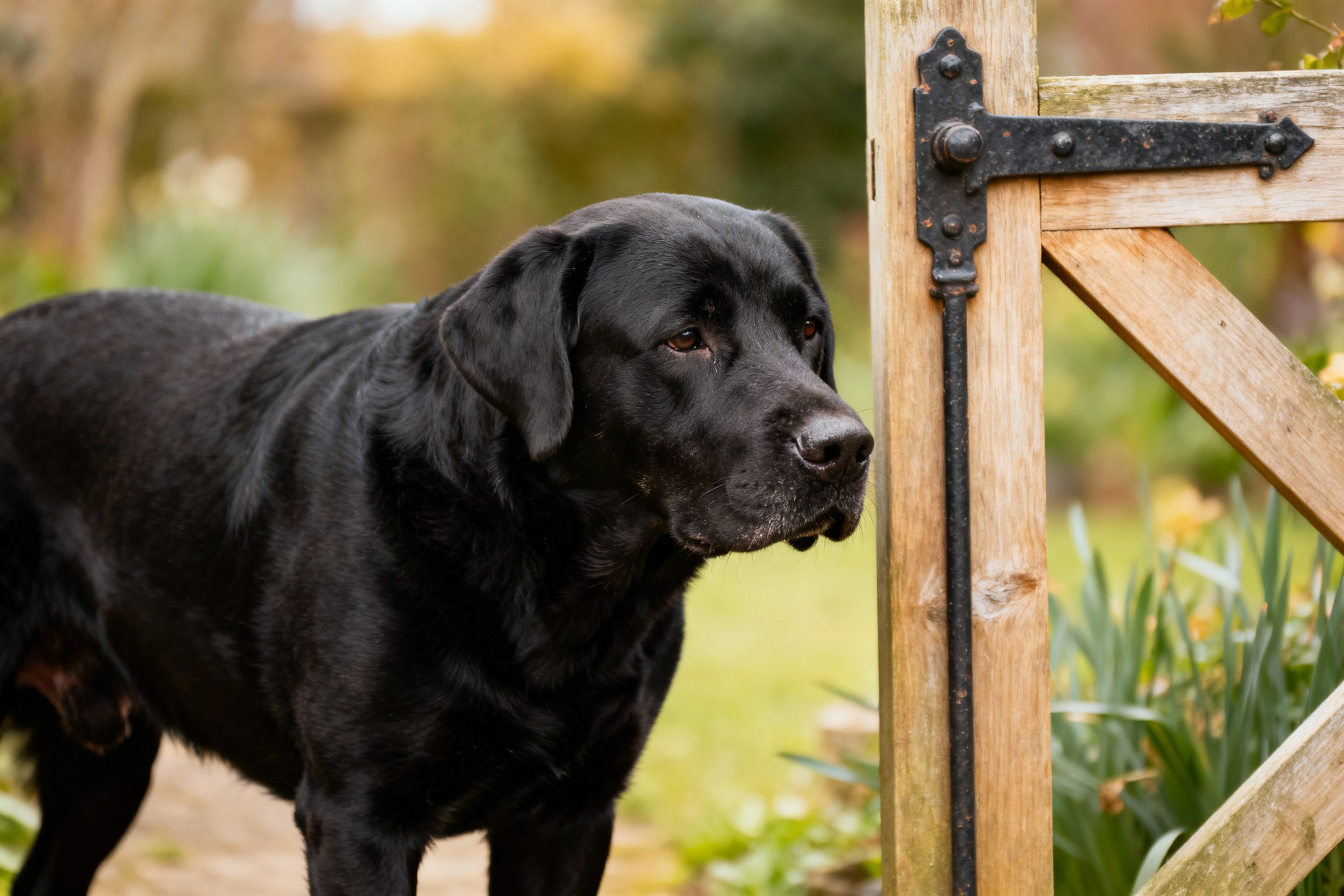 Labrador Retriever dog, large black short coat, limping slightly beside garden gate.