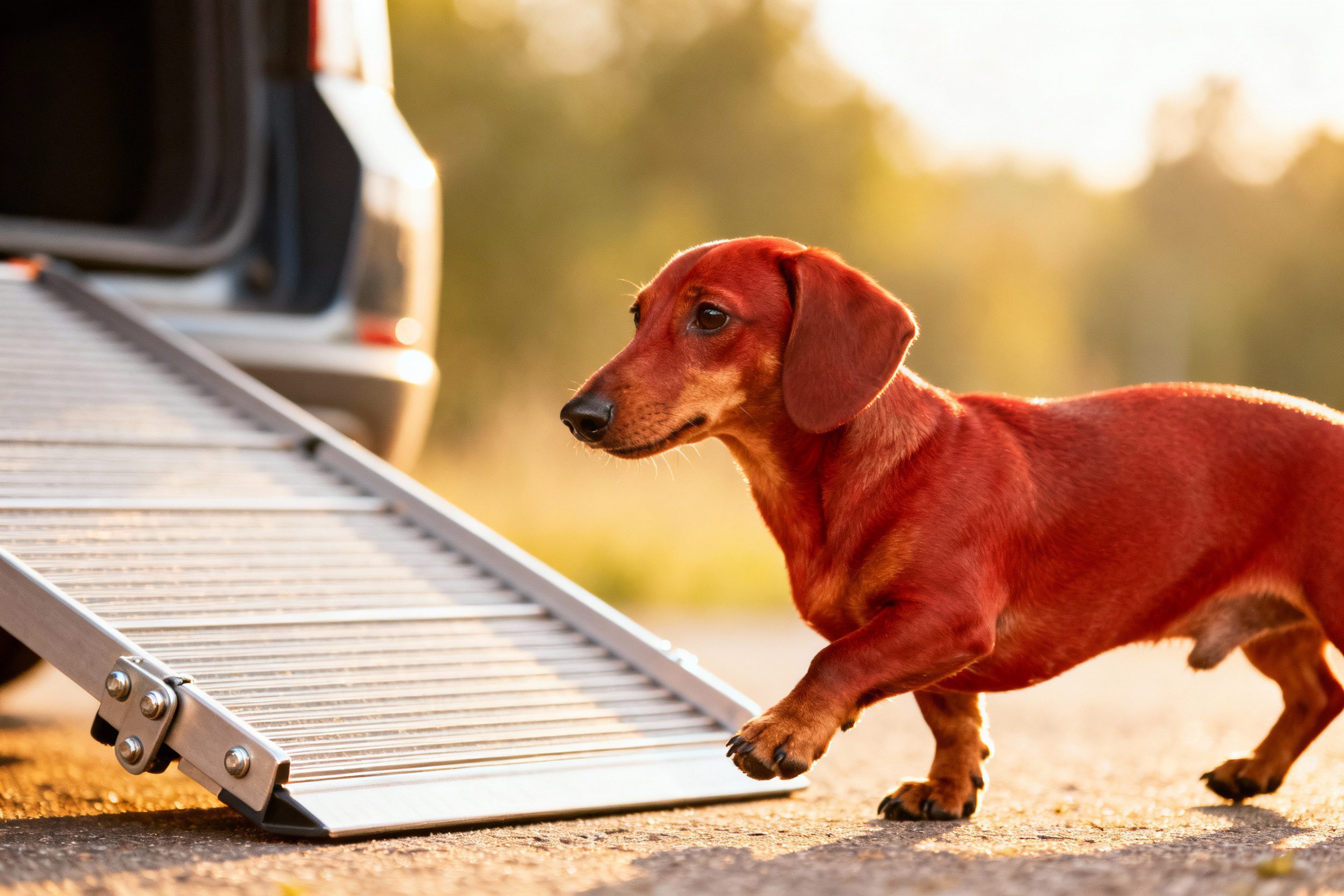 Dachshund dog, small smooth red coat, standing near a folded car ramp