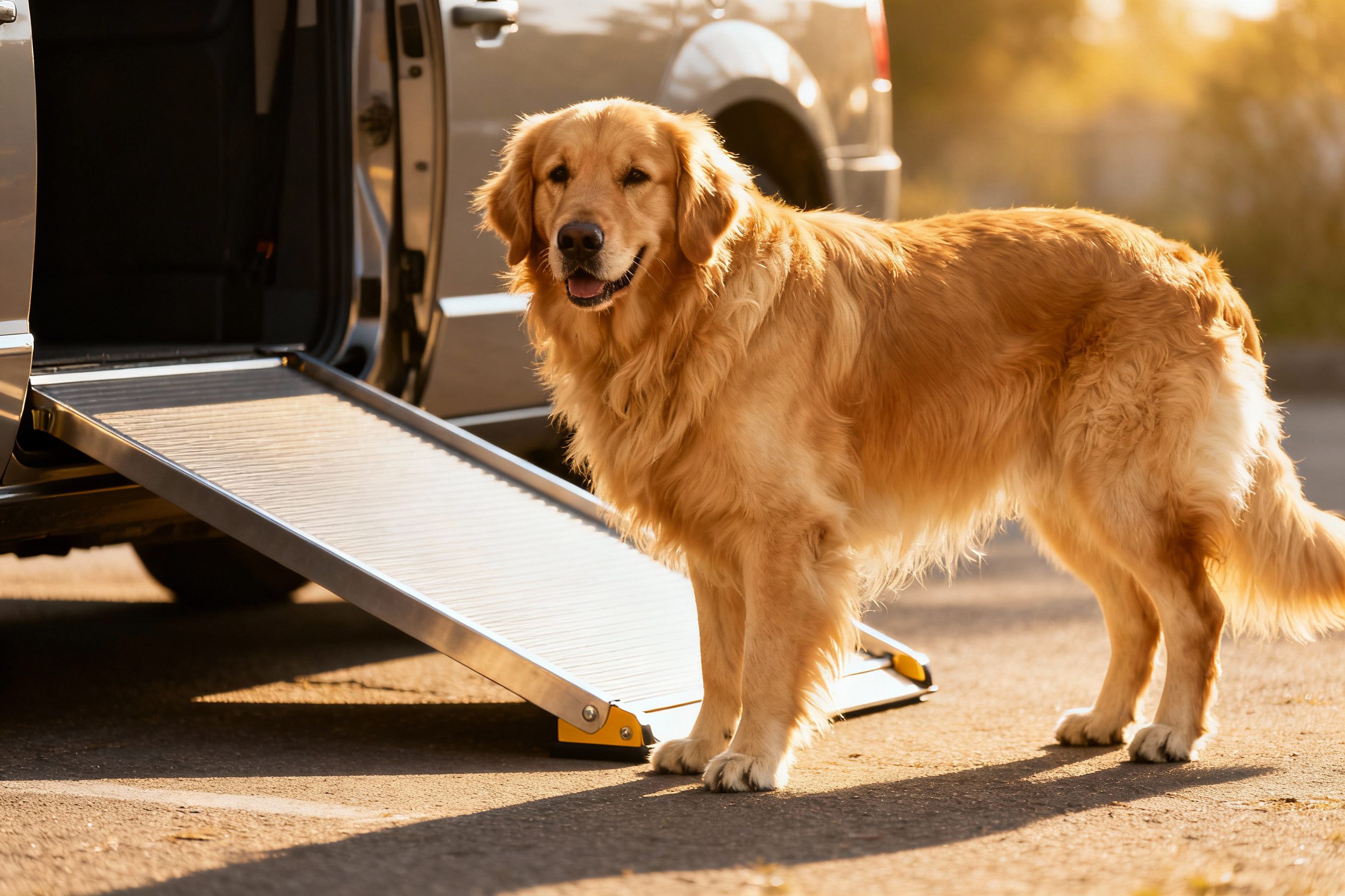Golden Retriever dog, large golden long coat, beside a parked car ramp