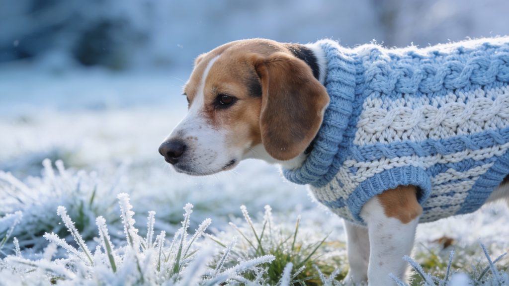 New to Crochet for Dogs? Try These 3 Easy Beginner Projects 2 beagle wearing crocheted sweater on frosty lawn