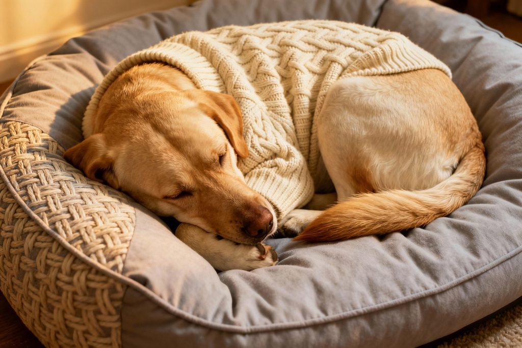 Crochet Clothing for Dogs: What Works for Warmth as Dogs Age 1 Dog curled up in basket wearing cream crochet jumper