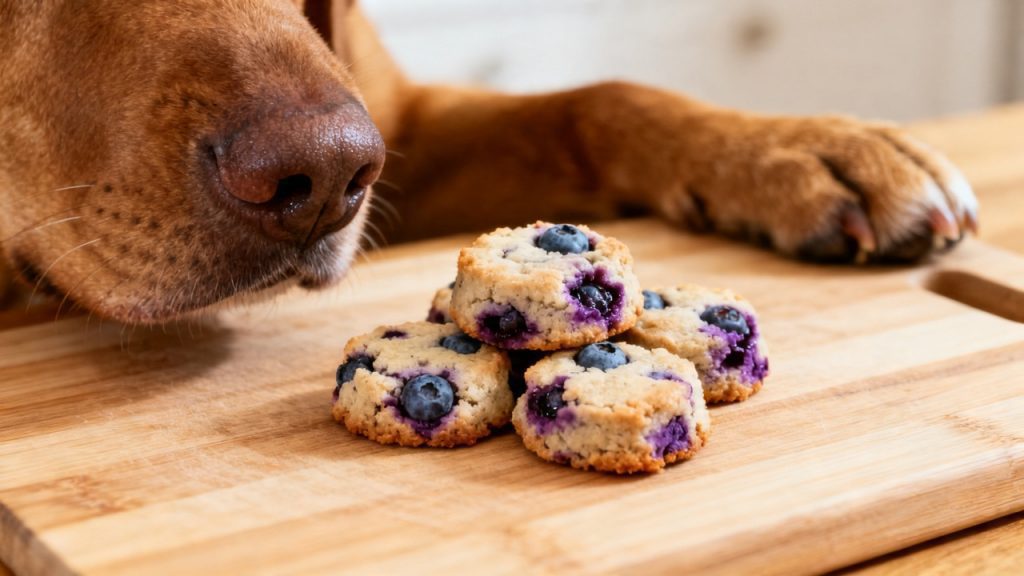 Blueberry Dog Treats: 2 Easy Recipes Dogs Love 2 a dog's nose and paw next to a small pile of soft-baked blueberry bites on a wooden chopping board