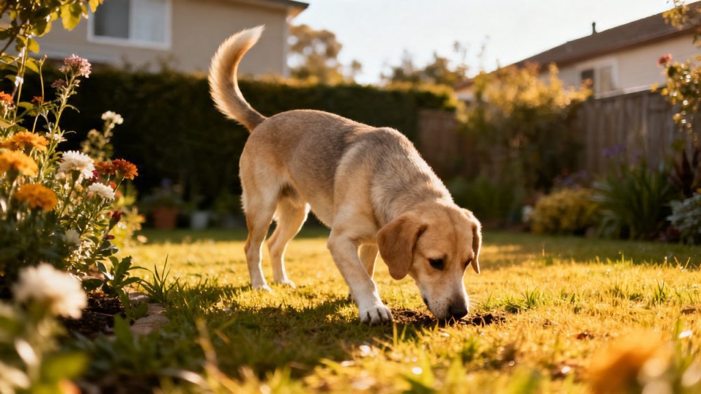 Bringing a New Dog Home: What Actually Helps Them Settle 2 A dog cautiously exploring a garden for the first time, nose to the ground,