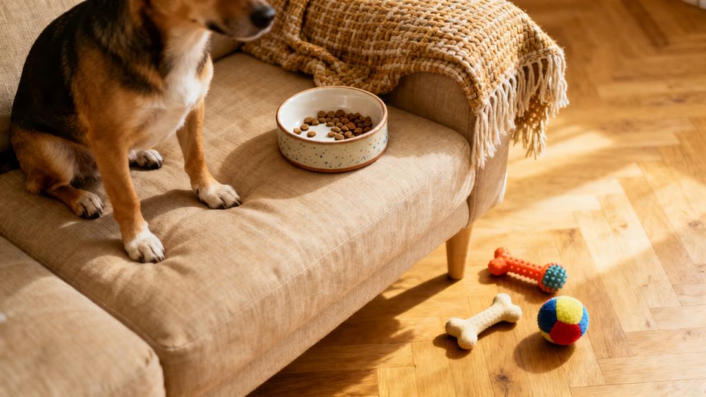 A dog sitting on a sofa next to food bowl, and a few dog toys