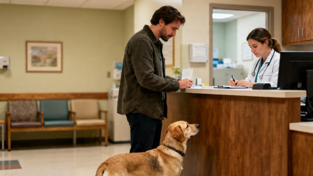 A dog ownrer at a vet reception desk being checked in with his dog