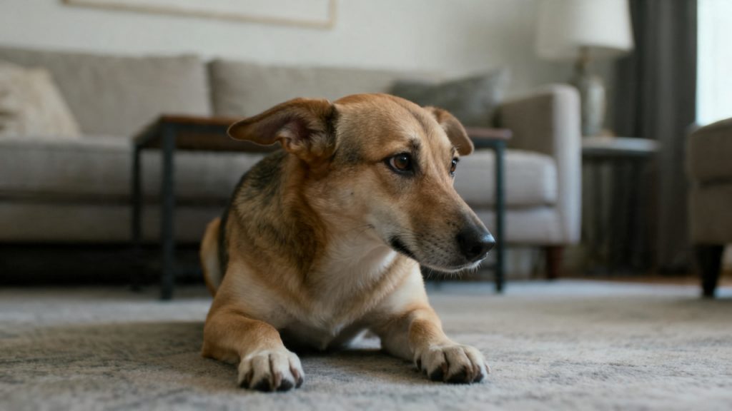 9 Signs Your Dog Is Stressed 3 A dog with ears slightly back, body low, looking sideways with a slightly uncertain expression, calm living room behind him, he looks tense.