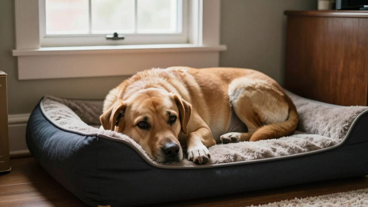 A dog lying on a soft dog bed in a quiet corner of a cosy living room, looking calm but slightly uncertain, head resting on their paws