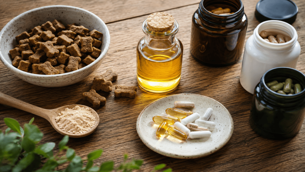 What Are the Best Joint Supplements for Senior Dogs? 1 a wooden surface showing joint supplement chews, a small bottle of fish oil, various other dog supplement bottles and a few capsule
