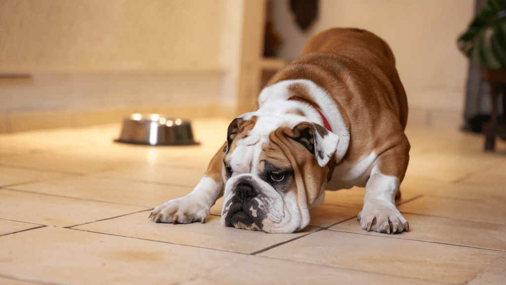What Are the Best Joint Supplements for Senior Dogs? 2 A bull dog with his head resting down on a tile floor in the kitchen and silver dog bowl is behind him