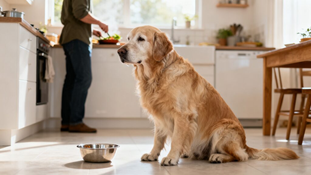 What Is the Best Food for a Senior Dog With Arthritis? 1 Senior Labrador sitting in front of as silver dog bowl with his owner behind him at the kitchen countertop preparing food