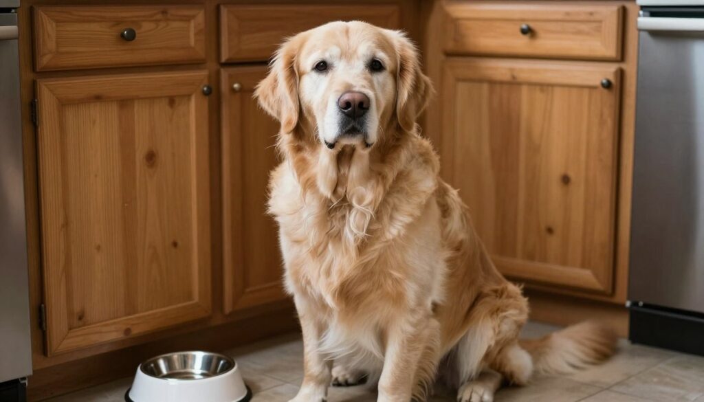 Senior dog eating from a bowl in a bright kitchen setting