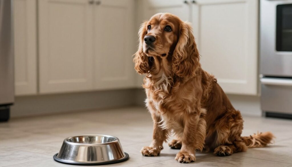 A cocker spaniel sitting in the kitchen with a silver feeding bowl in front of him
