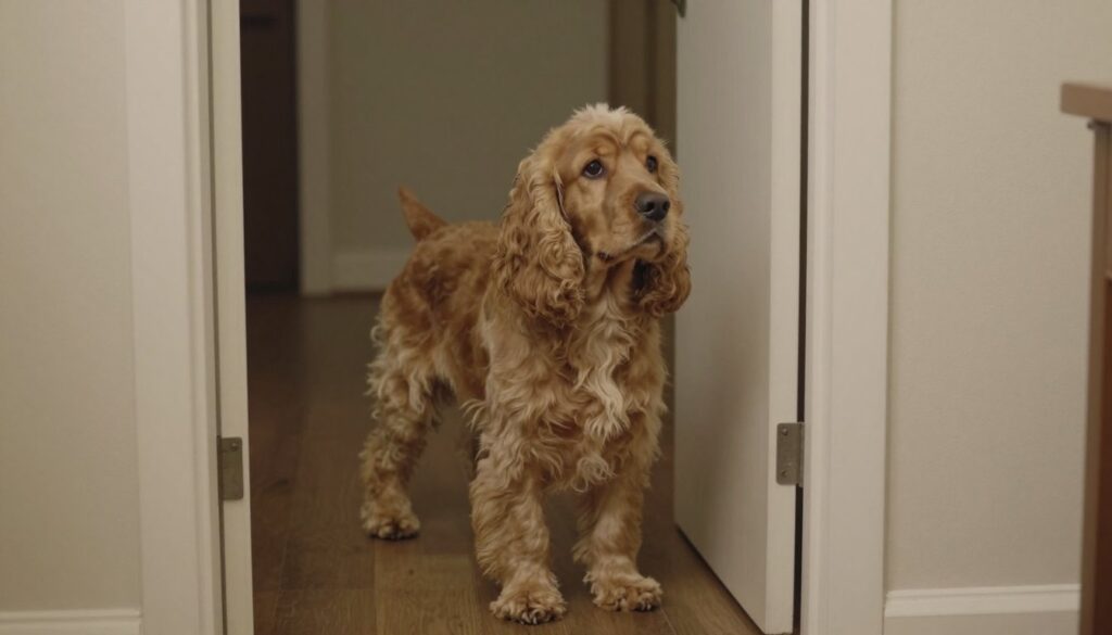 Is My Senior Dog Getting Confused? It Could Be Cognitive Dysfunction 2 A Cocker Spaniel standing in a hallway, looking towards an open doorway with a slightly uncertain expression.