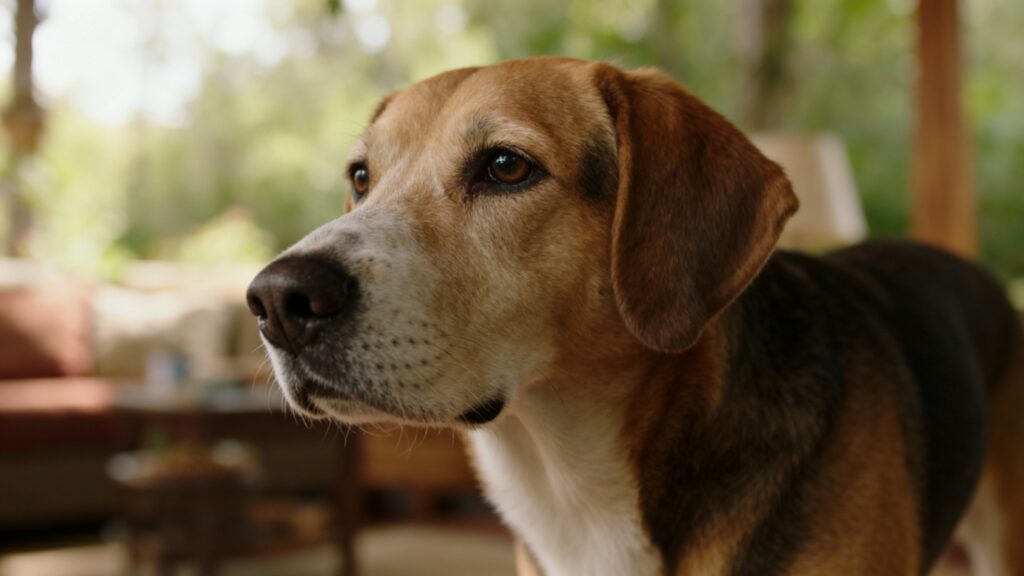 A closeup image of a beagle looking off into the distance