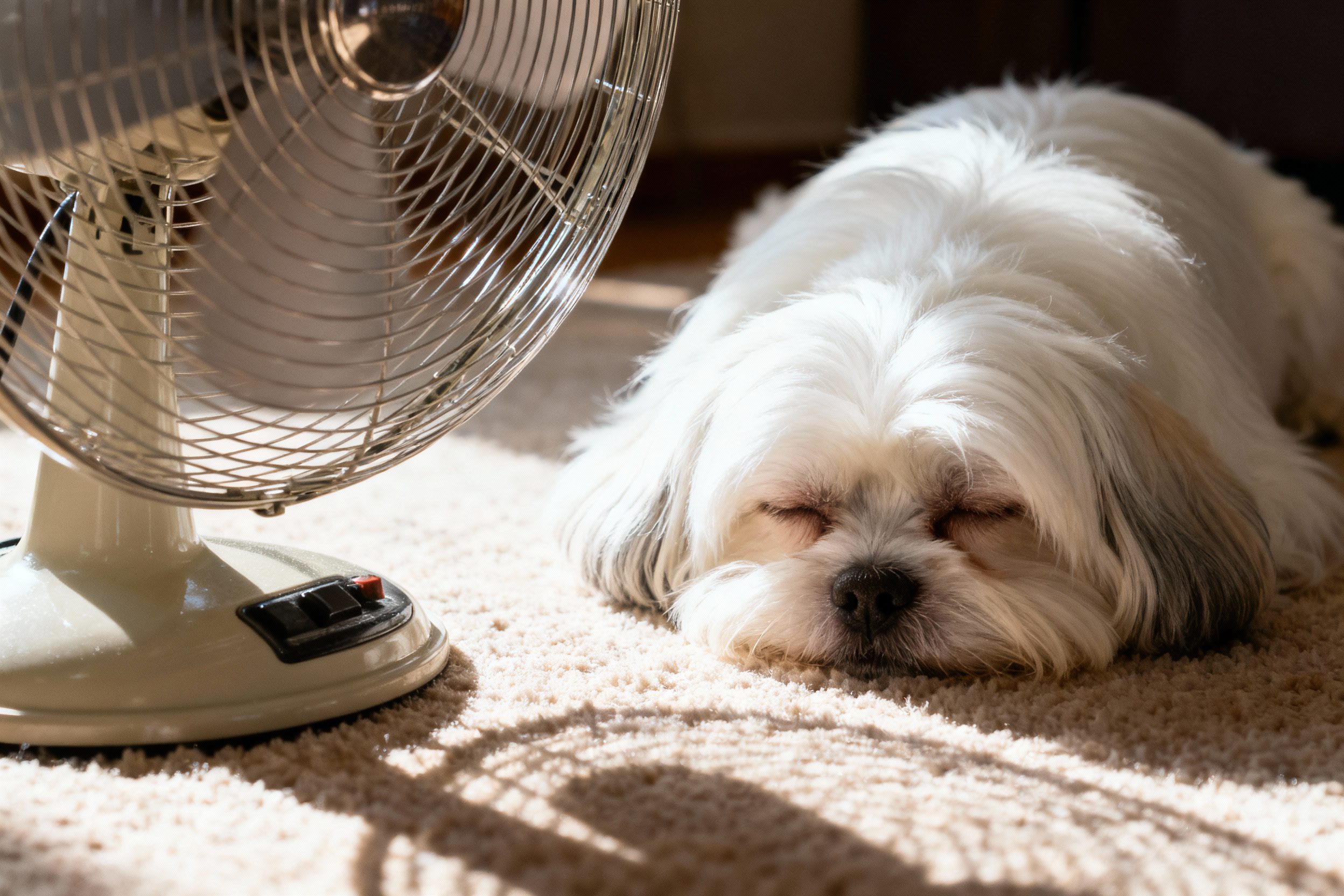 What Is the Best Cooling Mat for an Older Dog? 2 Shih Tzu dog, small long white coat, napping beside a ceiling fan.