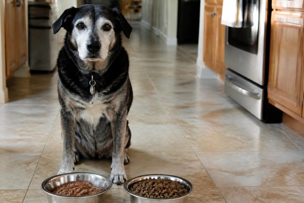 A Senior dog sitting in front of dog food bowls containing wet and dry food in a kitchen