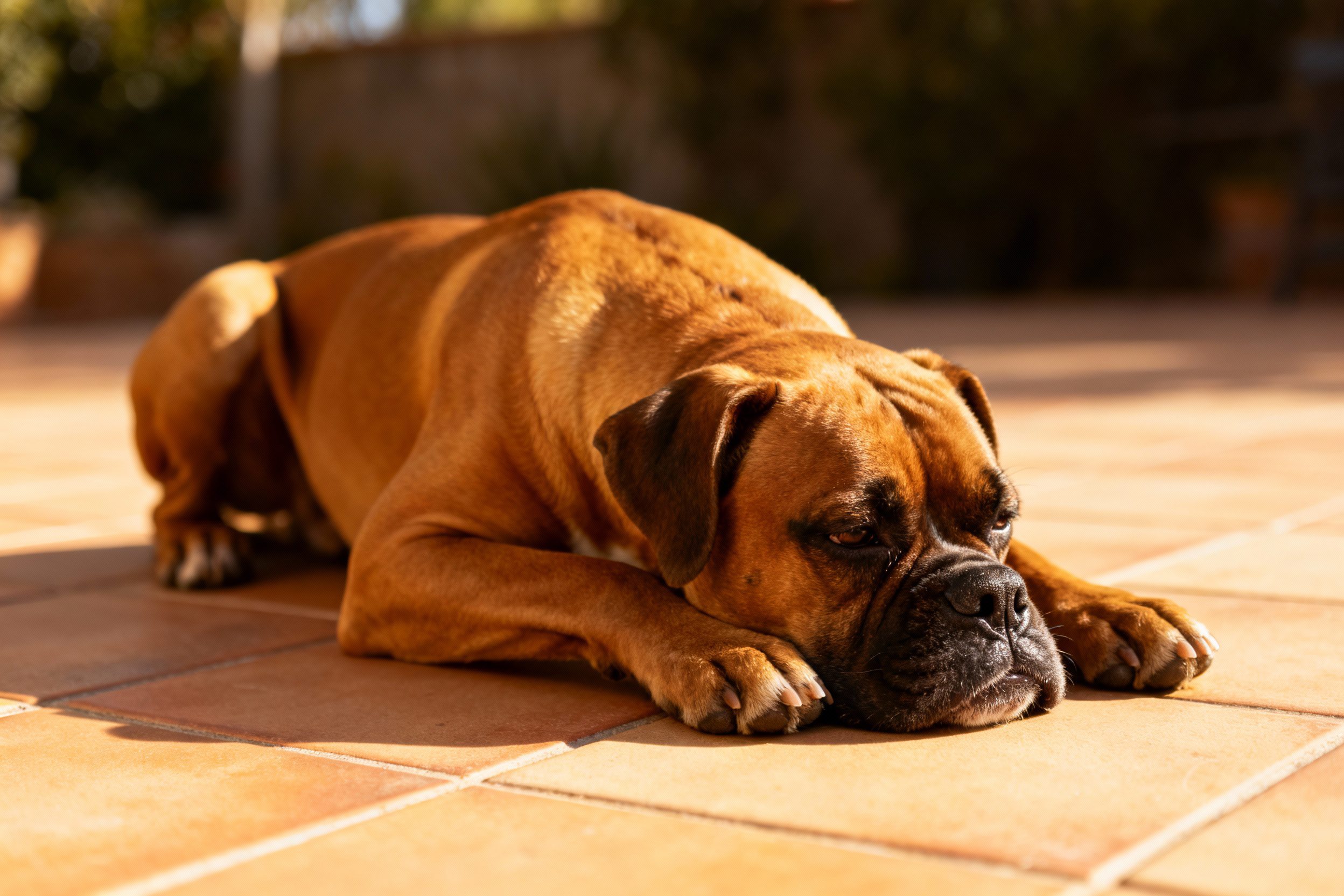 What Is the Best Cooling Mat for an Older Dog? 1 Boxer dog, medium short fawn coat, lounging on a tiled patio.