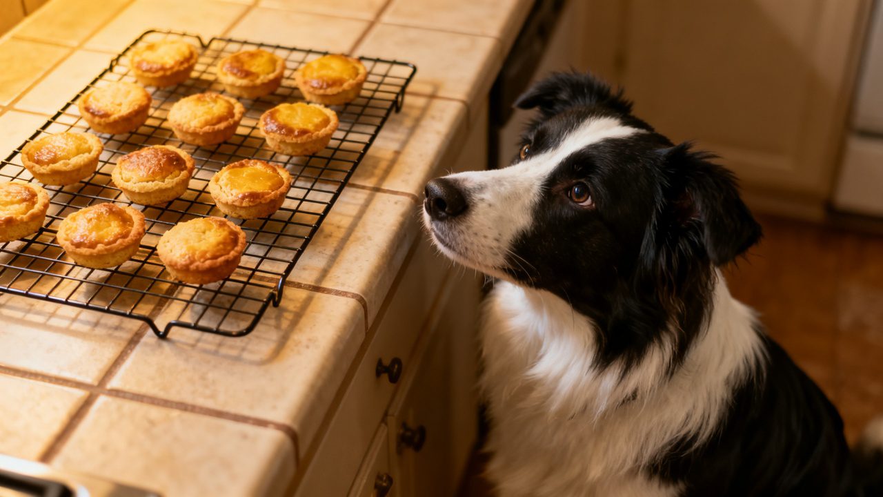 Border Collie sitting beside a wire cooling rack of small baked treats on a kitchen counter