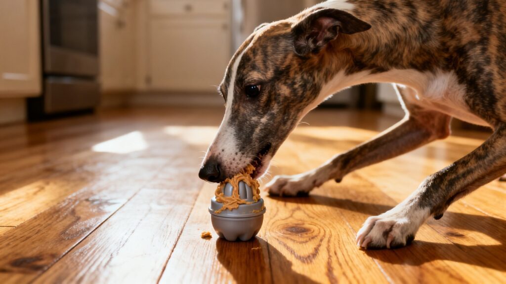 Whippet working at a peanut butter mixture in a frozen Kong 