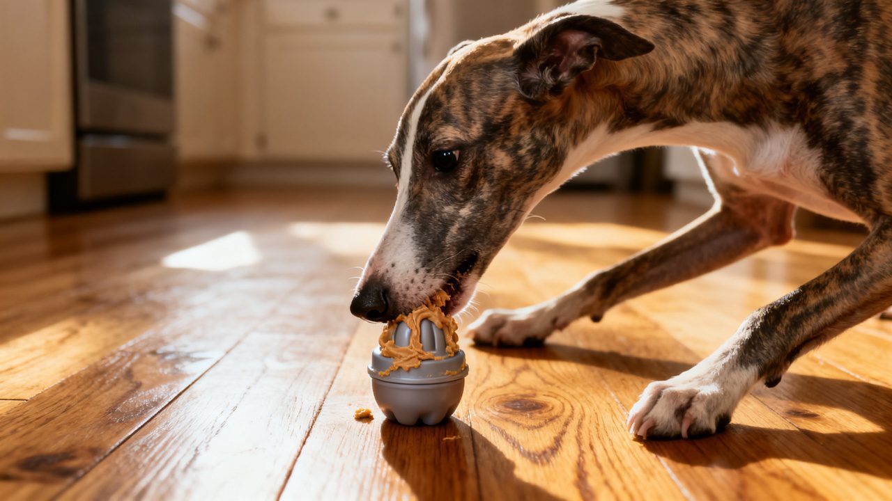 Whippet working at a peanut butter mixture in a frozen Kong