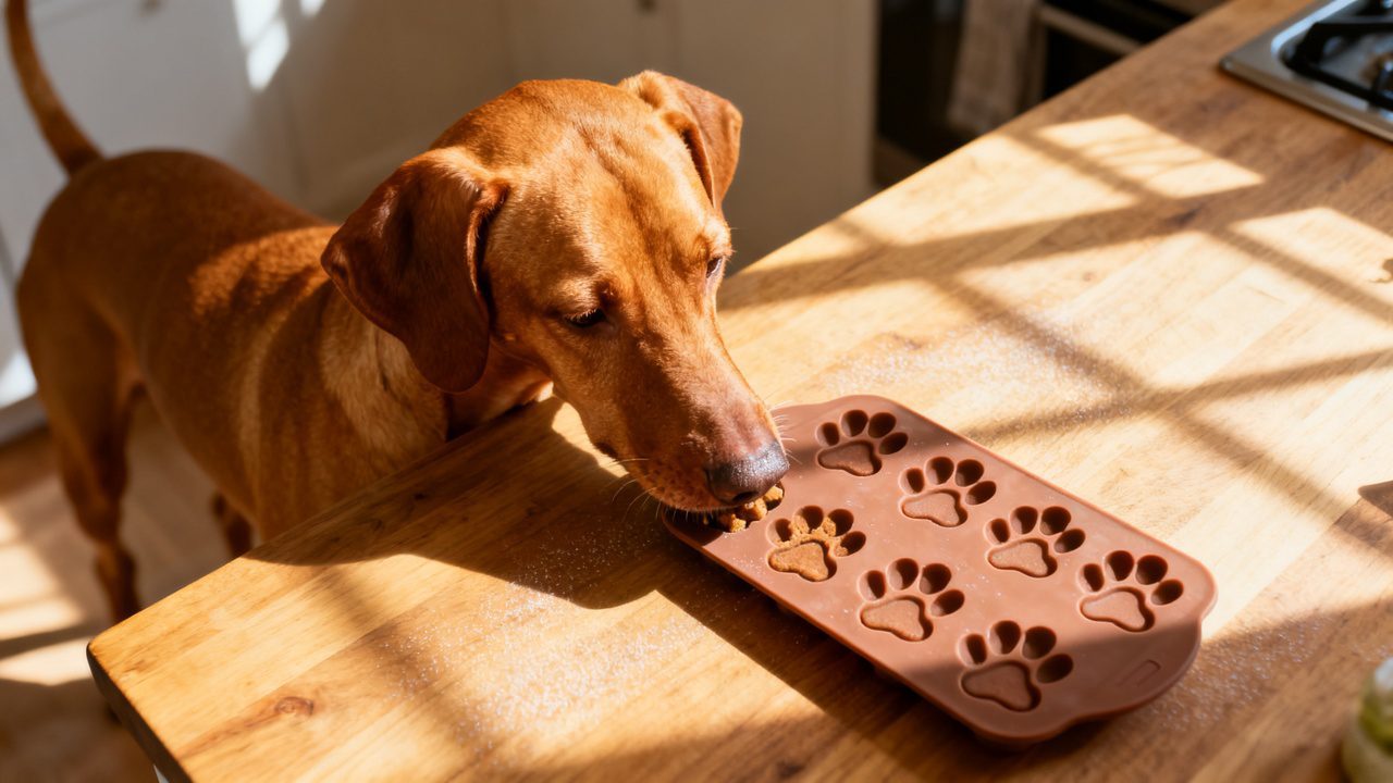Vizsla sniffing a silicone treat mould on a kitchen countertop