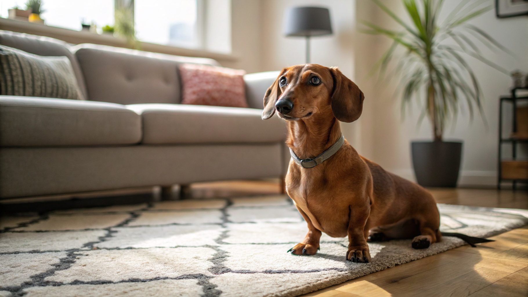 A Dachshund sitting on a cozy living room rug, looking up with an alert expression. A sofa and houseplant are visible in the background.