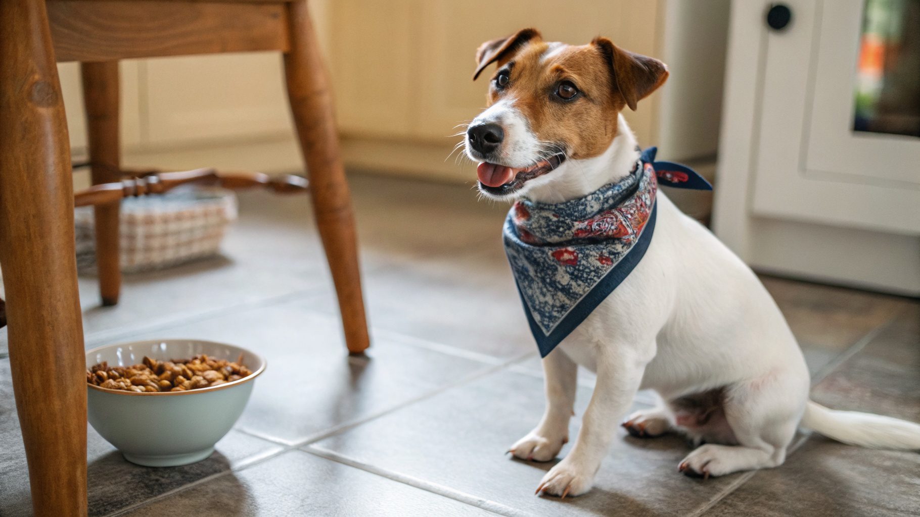 A Jack Russell Terrier sitting on a kitchen floor wearing a patterned bandana around its neck, looking alert and happy