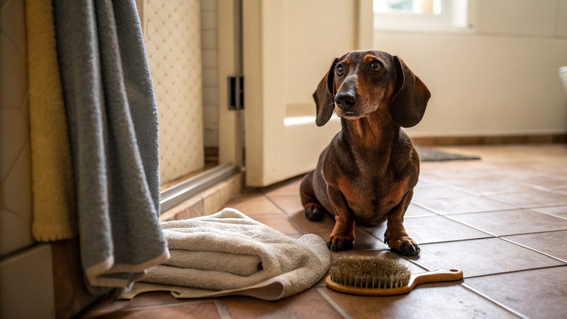 Person gently brushing a calm dog sitting on a towel in a bright living room