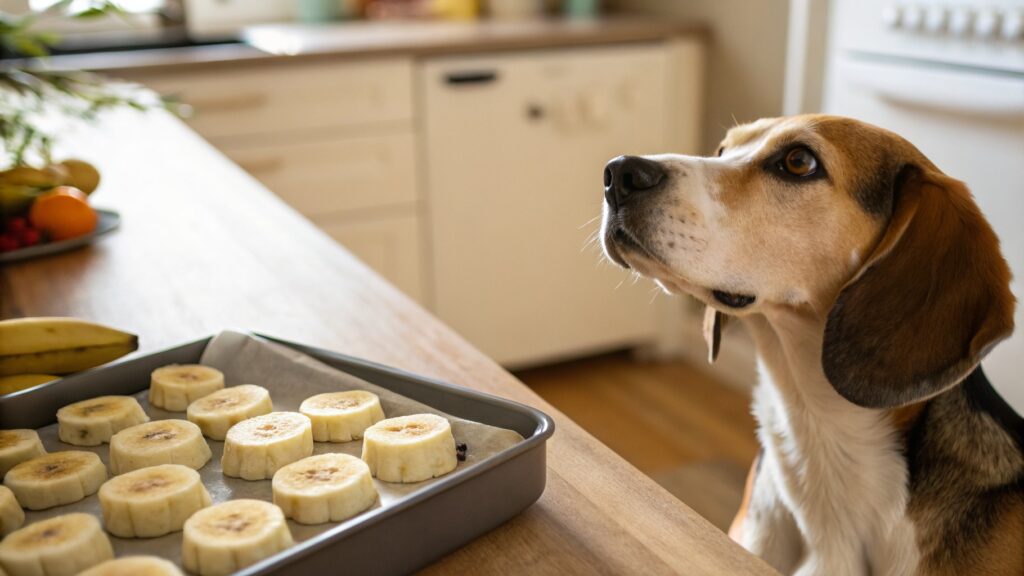 A Beagle sits in a kitchen looking up at a counter where frozen banana slices are arranged on a tray