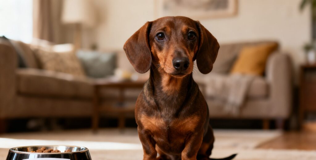 Small dachshund sitting looking directly at camera with alert expression