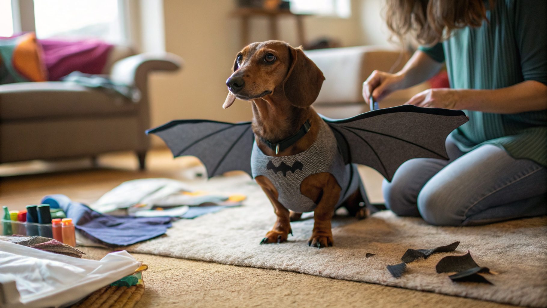 15 Halloween Dog Costumes You Can Make at Home 4 Dachshund wearing a simple homemade bat costume with fabric wings sits on a living room rug surrounded by craft supplies and fabric scraps, halloween dog costumes