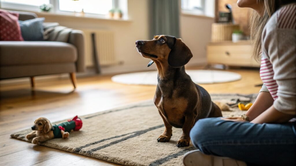 A Dachshund sitting close beside their owner on a living room rug, looking up attentively. A few dog toys are scattered nearby on the wooden floor