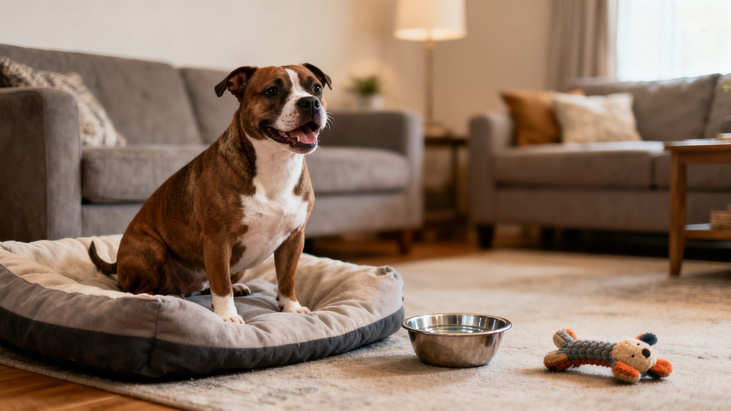 Staffordshire Bull Terrier sitting on a cushioned dog bed in a cozy living room, looking content and alert