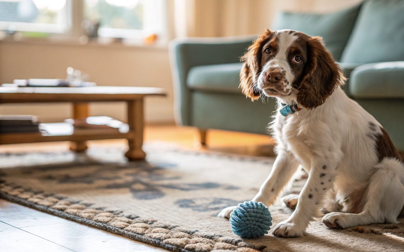 How to Stop a Dog From Chewing Everything 3 A young Springer Spaniel sitting on a living room rug with a chew toy between its paws, looking alert and engaged
