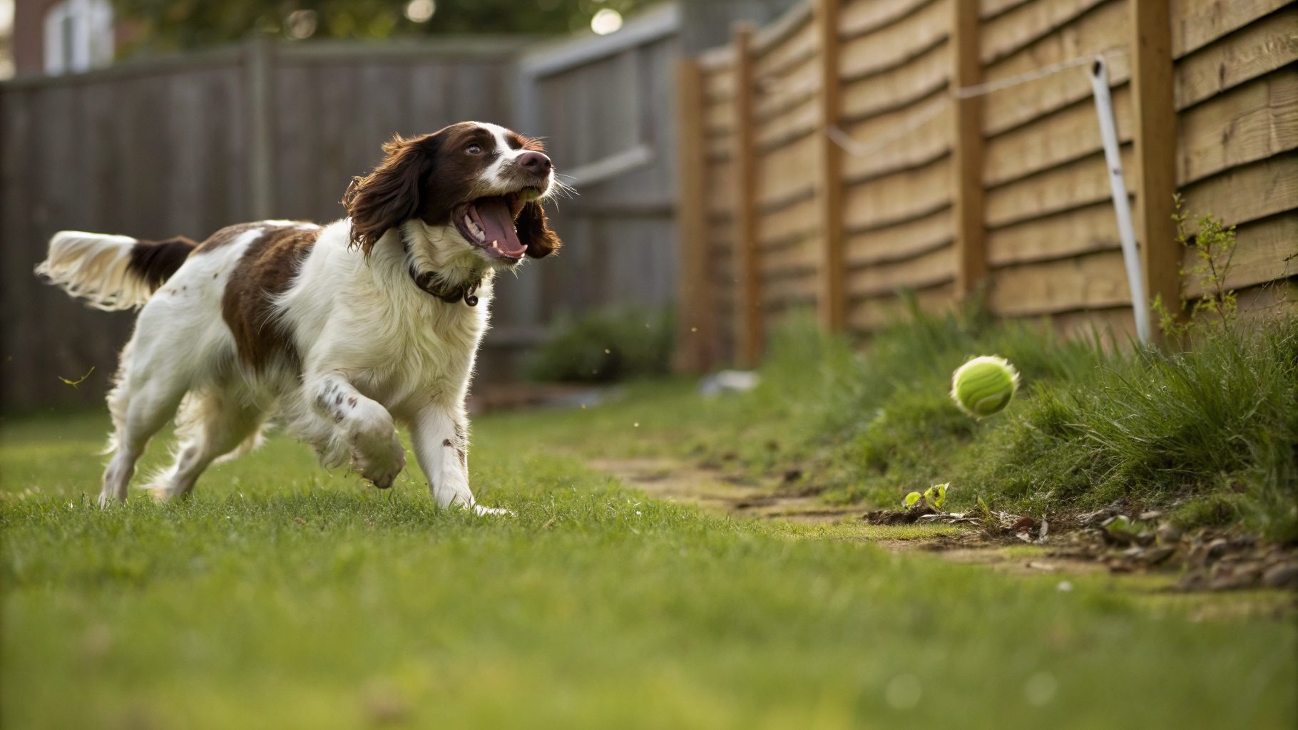 A Springer Spaniel mid-play in a back garden, mouth open in a relaxed pant, tail wagging as it bounces toward a tennis ball on the grass