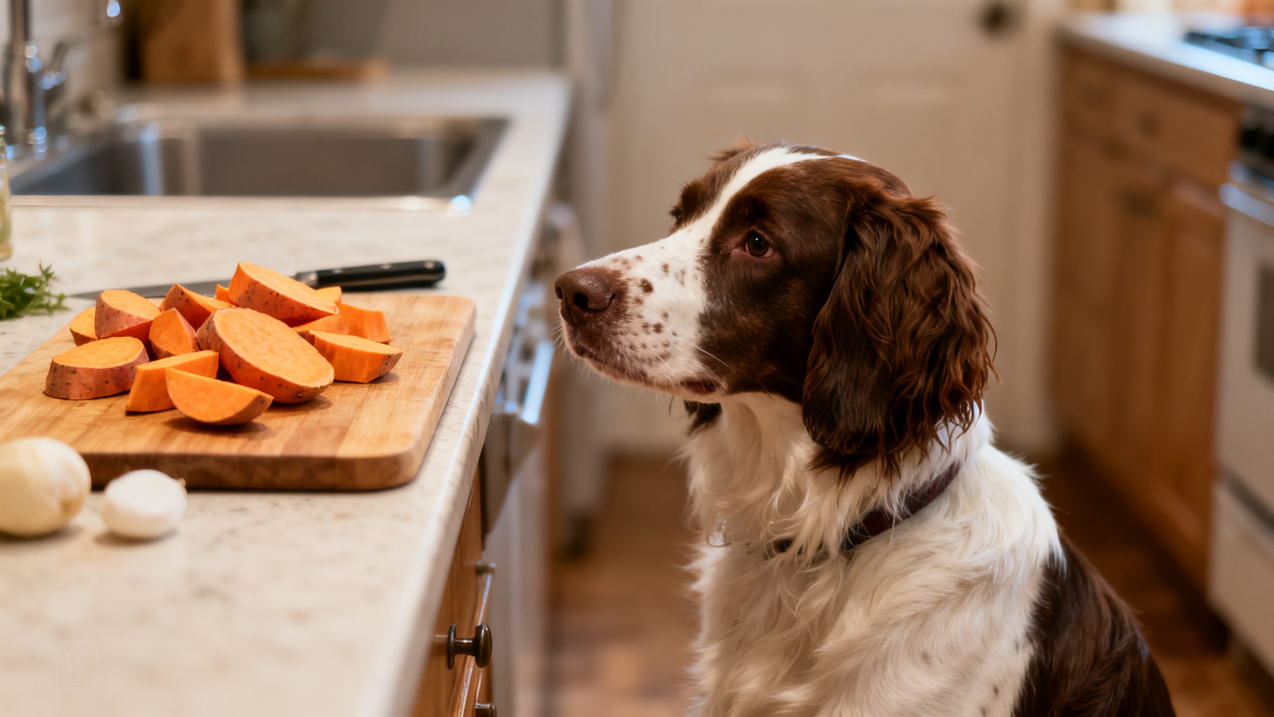 Springer Spaniel sits in a kitchen looking attentively at a wooden cutting board with sliced sweet potato pieces, sweet potato dog treats