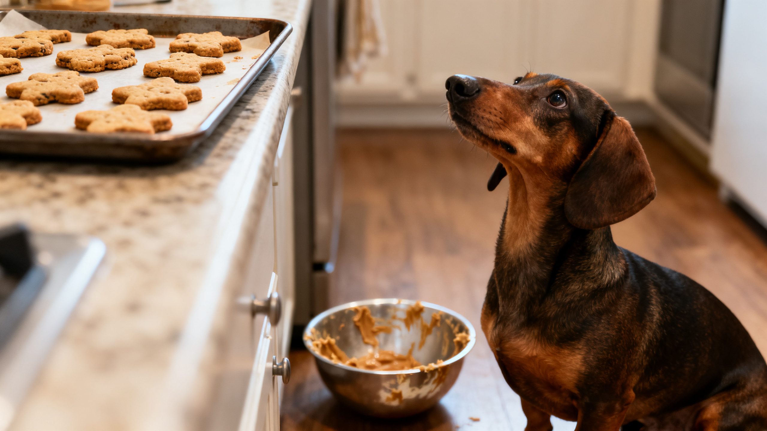 One Bowl Peanut Butter Dog Biscuits That Last Two Weeks 2 Dachshund sitting in a kitchen looking up eagerly at a baking tray of homemade dog biscuits cooling on the counter, peanut butter dog biscuits