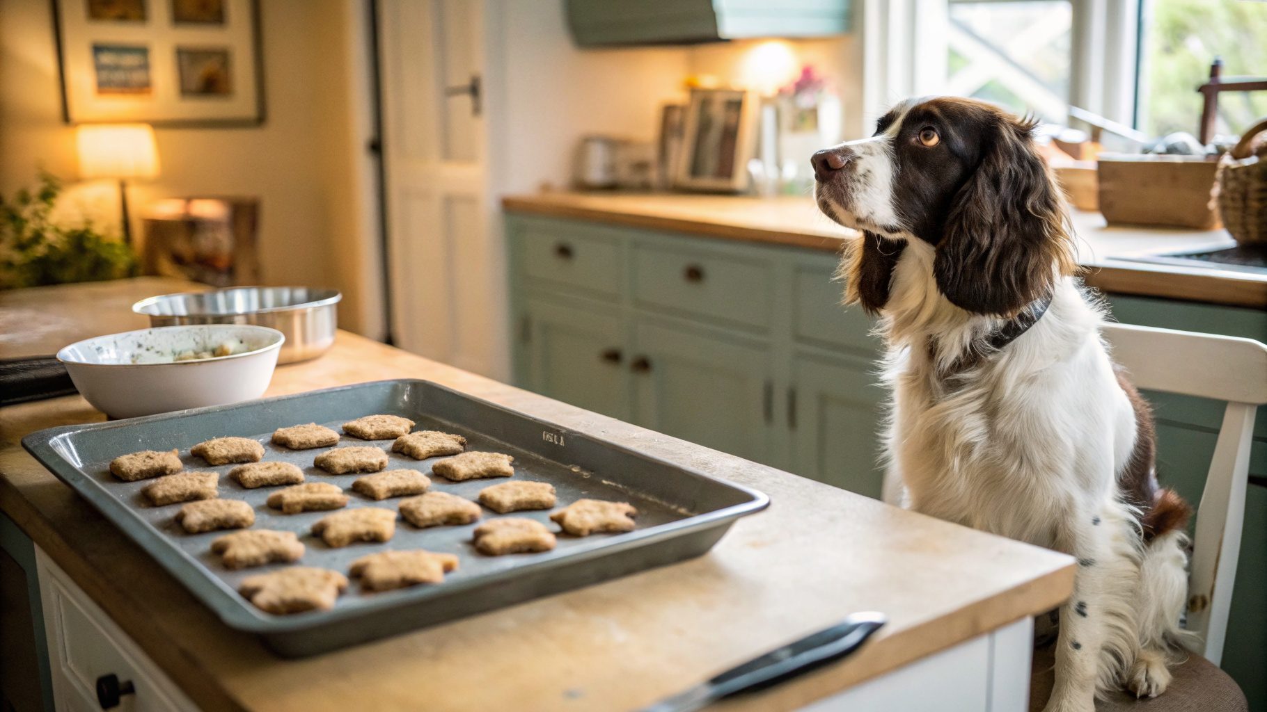 Pumpkin Dog Treats Recipe 3 Ingredients 6 Springer Spaniel sitting in a kitchen next to a baking tray with homemade dog treats cooling on the counter, pumpkin dog treats recipe