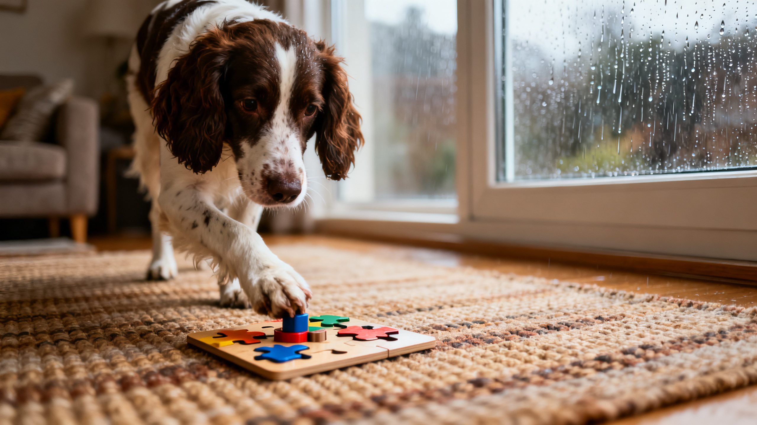 15 Rainy Day Activities for Dogs 5 Dog engaged with treat-dispensing puzzle toy on a tiled floor indoors during wet weather