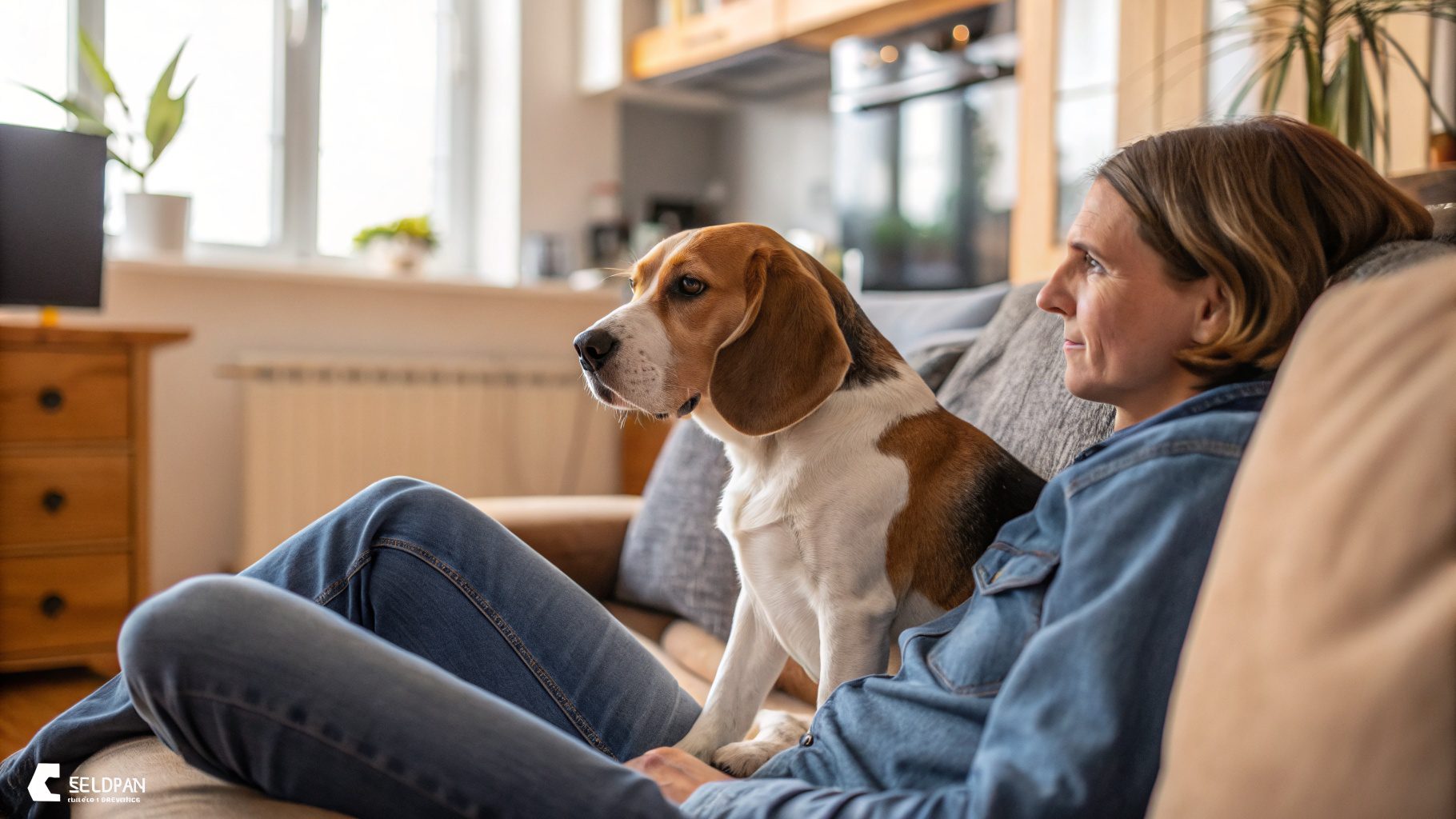 10 Signs Your Dog Trusts You 5 A Beagle sitting calmly beside their owner on a living room sofa, leaning gently against their leg