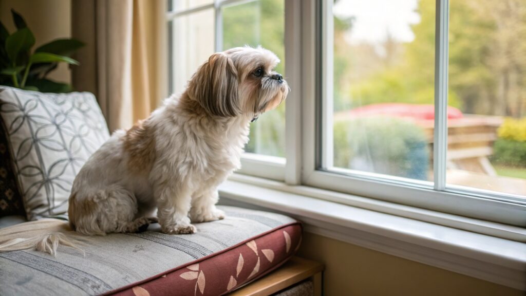 10 Best Small Dog Breeds for First Time Owners 1 A Shih Tzu sitting on a cushioned window seat indoors, looking out the window. The dog has a well-groomed coat and appears calm and content in the home setting