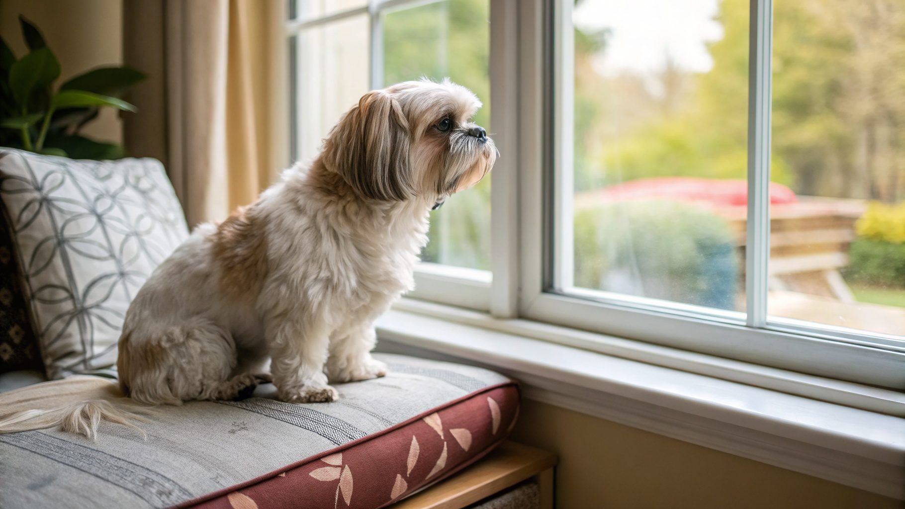 A Shih Tzu sitting on a cushioned window seat indoors, looking out the window. The dog has a well-groomed coat and appears calm and content in the home setting