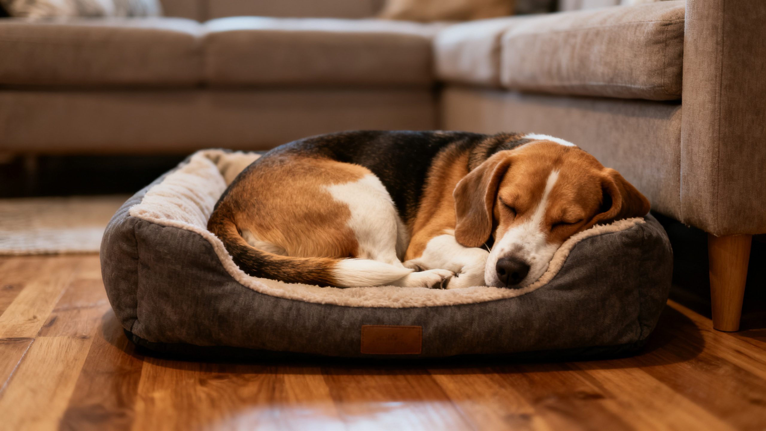 What Your Dog's Sleeping Position Means 4 Beagle curled up in a dog bed in a living room corner, sleeping peacefully with its tail tucked close to its body