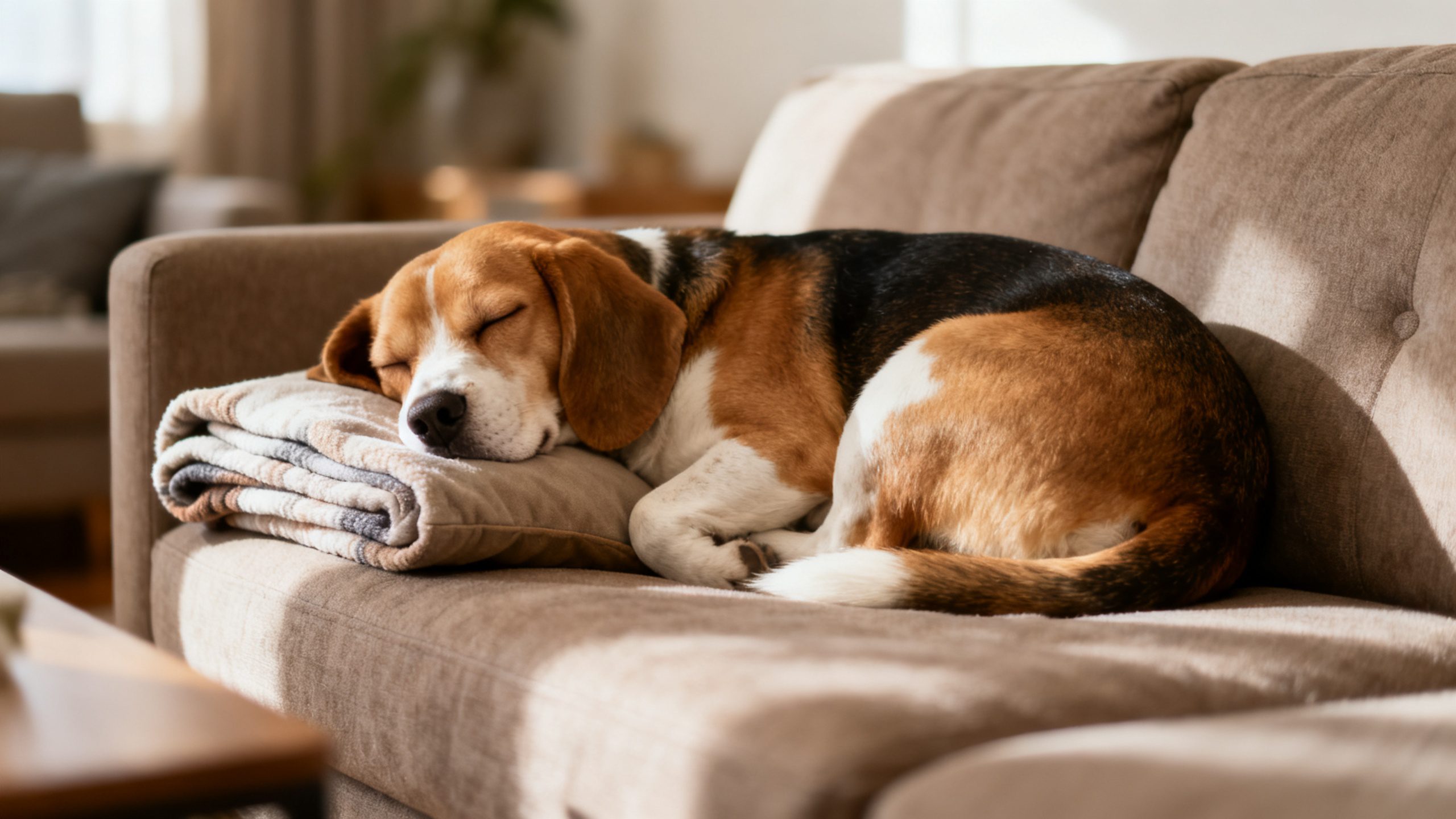 Beagle curled up on a living room sofa, eyes closed, resting on a cushion with a folded blanket nearby