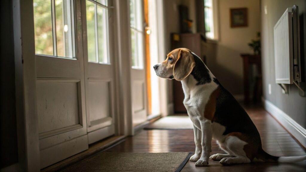 Beagle sitting alert in a darkened hallway near a door, ears perked up and focused on something outside, why does my dog bark at night