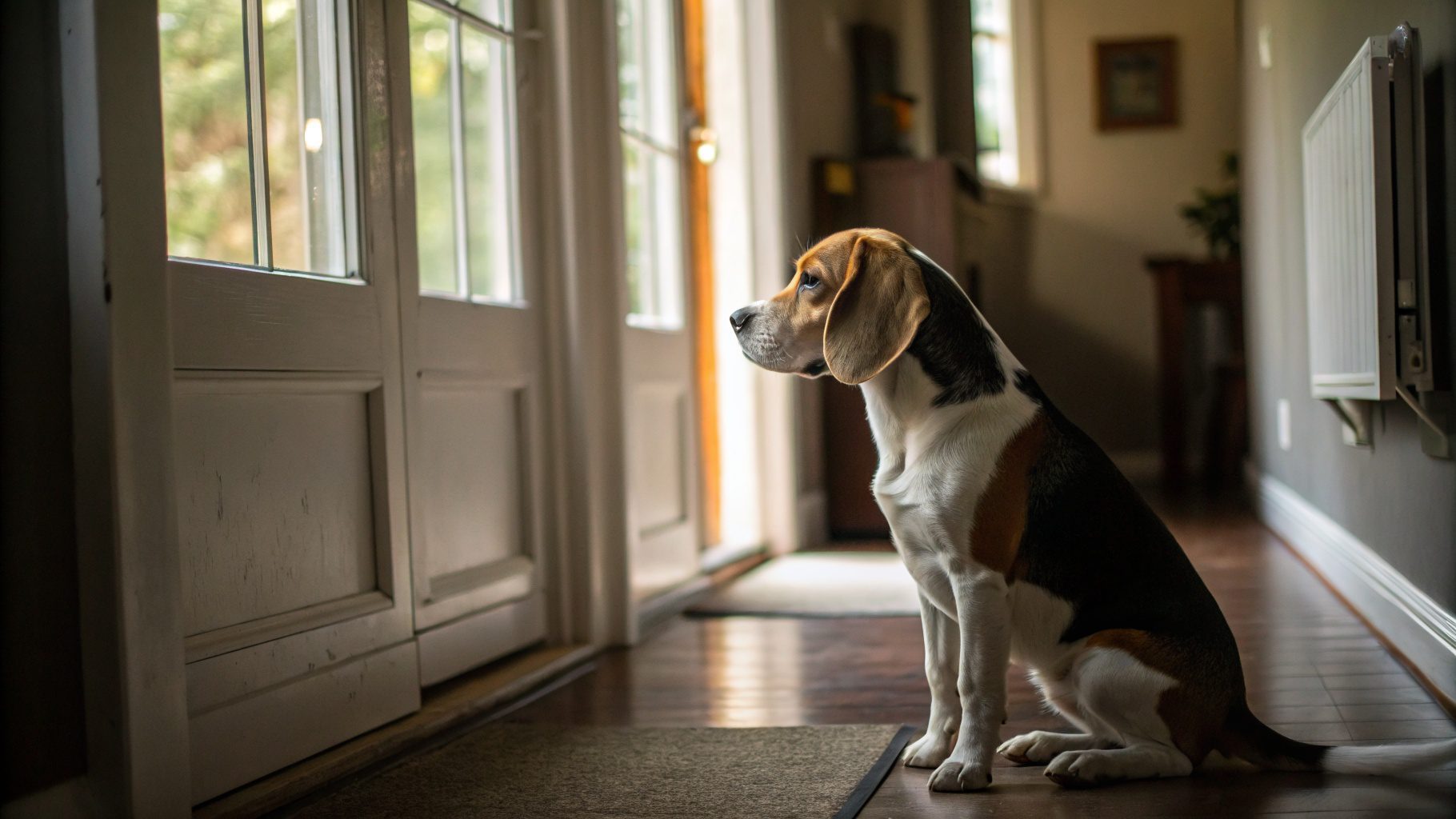 Beagle sitting alert in a darkened hallway near a door, ears perked up and focused on something outside, why does my dog bark at night